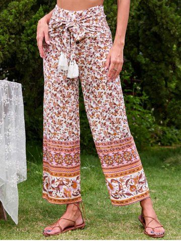 Bohemian Flower Allover Print Tassel Self Belt Wide Leg Pants - ORANGE - XL