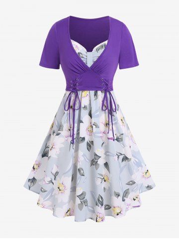 Plus Size Cottagecore Knot Floral Sundress and Lace-up Plunging Crop Top Set - PURPLE - M | US 10