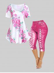 Floral Tee and 3D Lace Up Jean Print Capri Leggings Plus Size Summer Outfit -  