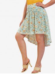 Plus Size Floral Print Ruched High Low Skirt -  