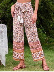 Bohemian Flower Allover Print Tassel Self Belt Wide Leg Pants -  