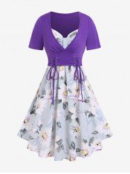 Haut Court Floral de Grande Taille avec Noeud Papillon et Slip en Ensemble - Pourpre  M | US 10