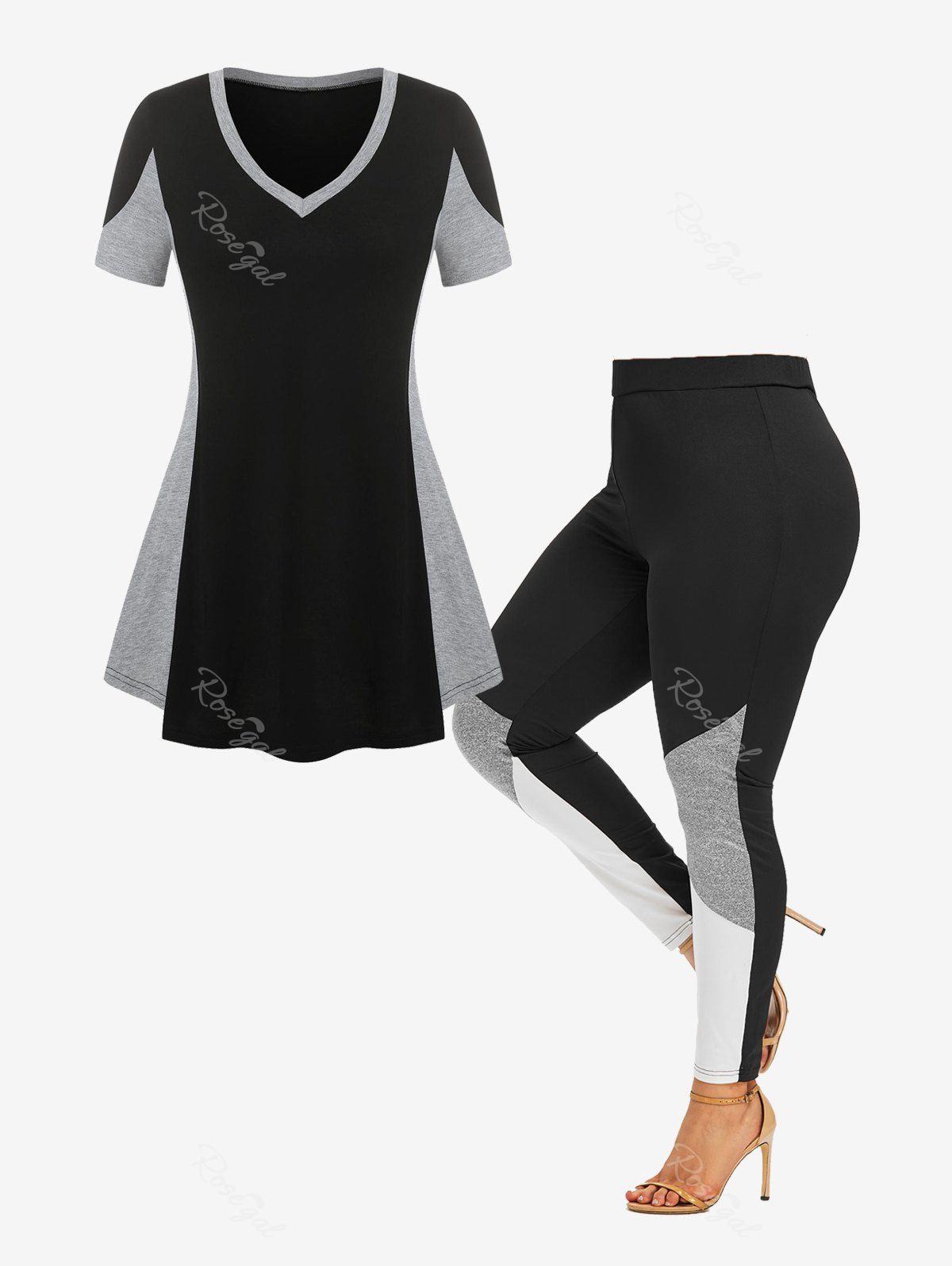 Online Colorblock V Neck Tee and Skinny Leggings Plus Size Summer Outfit  