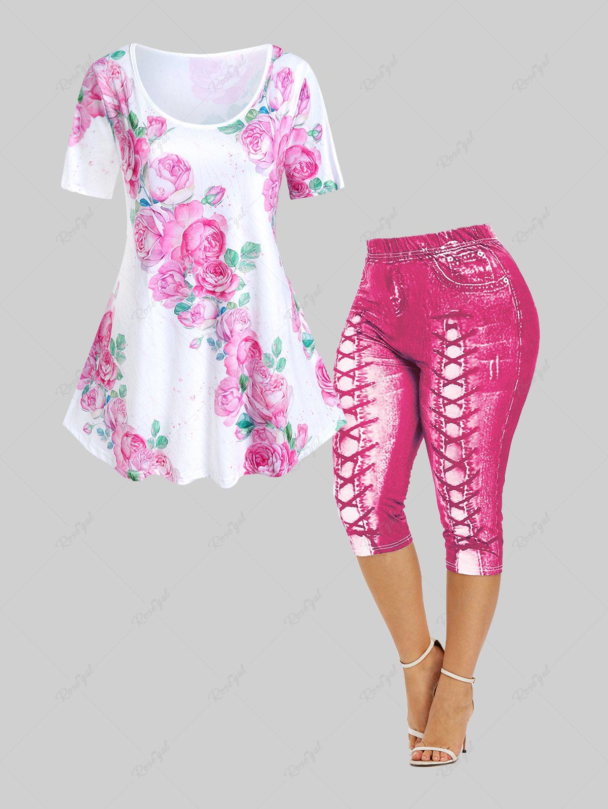 Fashion Floral Tee and 3D Lace Up Jean Print Capri Leggings Plus Size Summer Outfit  