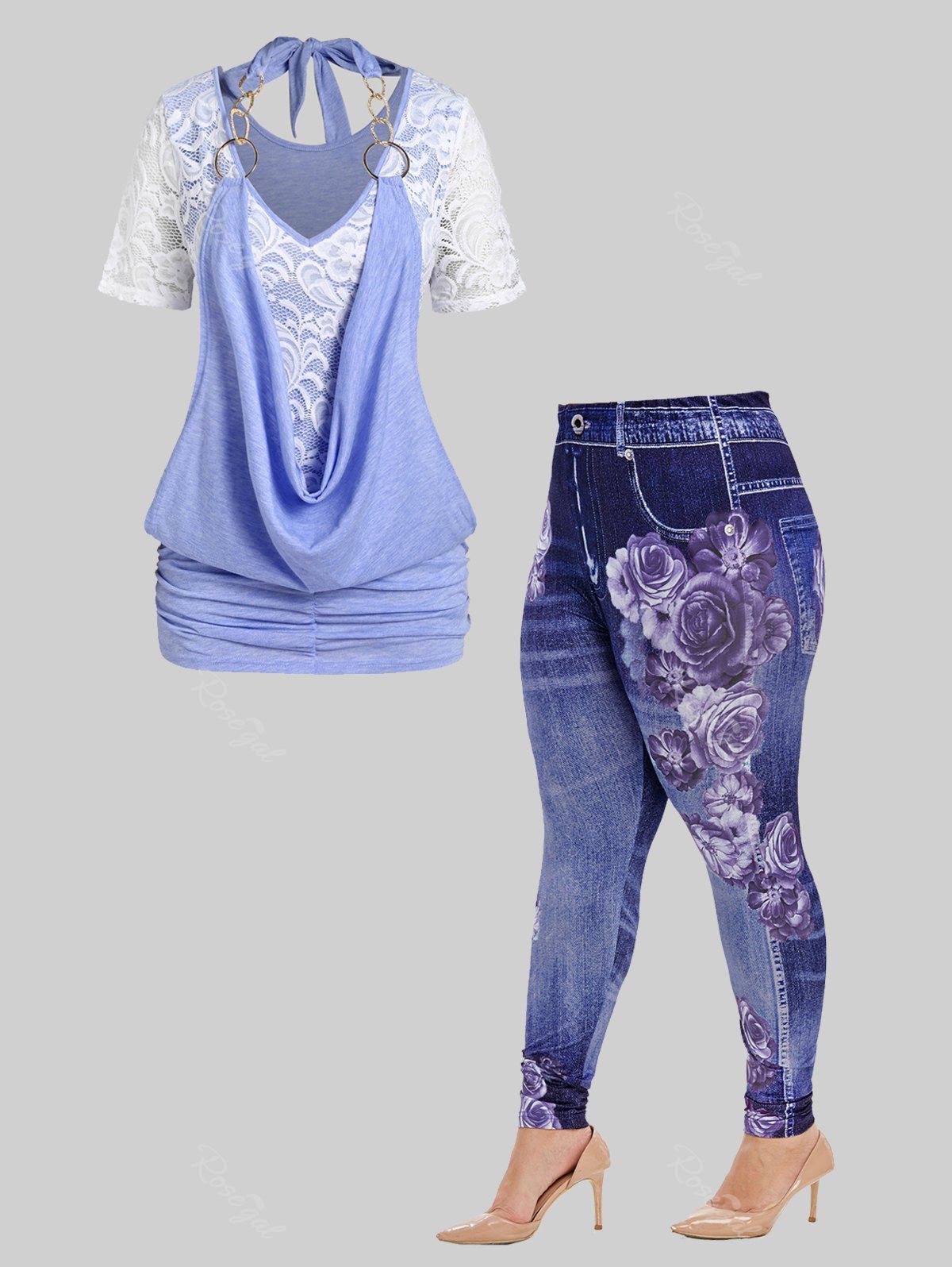 Cheap Halter Cowl Front Blouson 2 in 1 Tee and High Rise Floral Gym 3D Jeggings Plus Size Summer Outfit  
