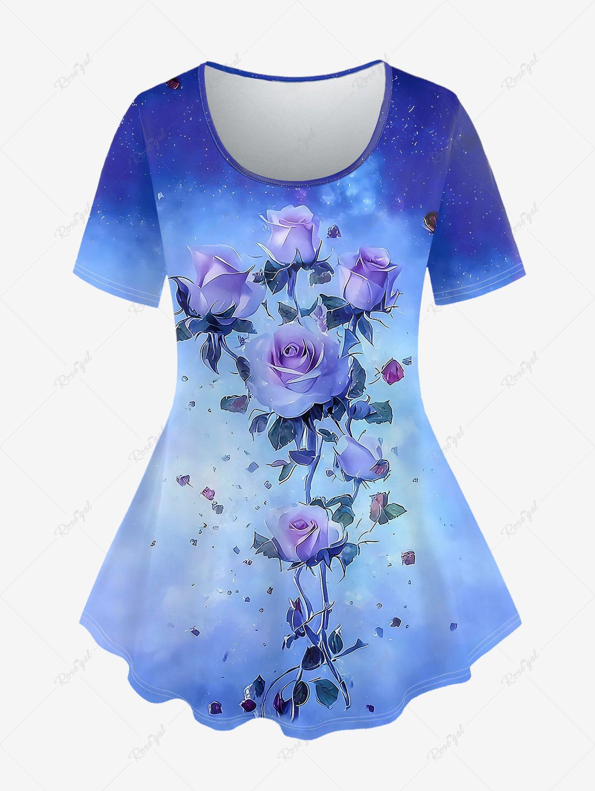 Latest Plus Size Tie Dye Rose Print T-shirt  