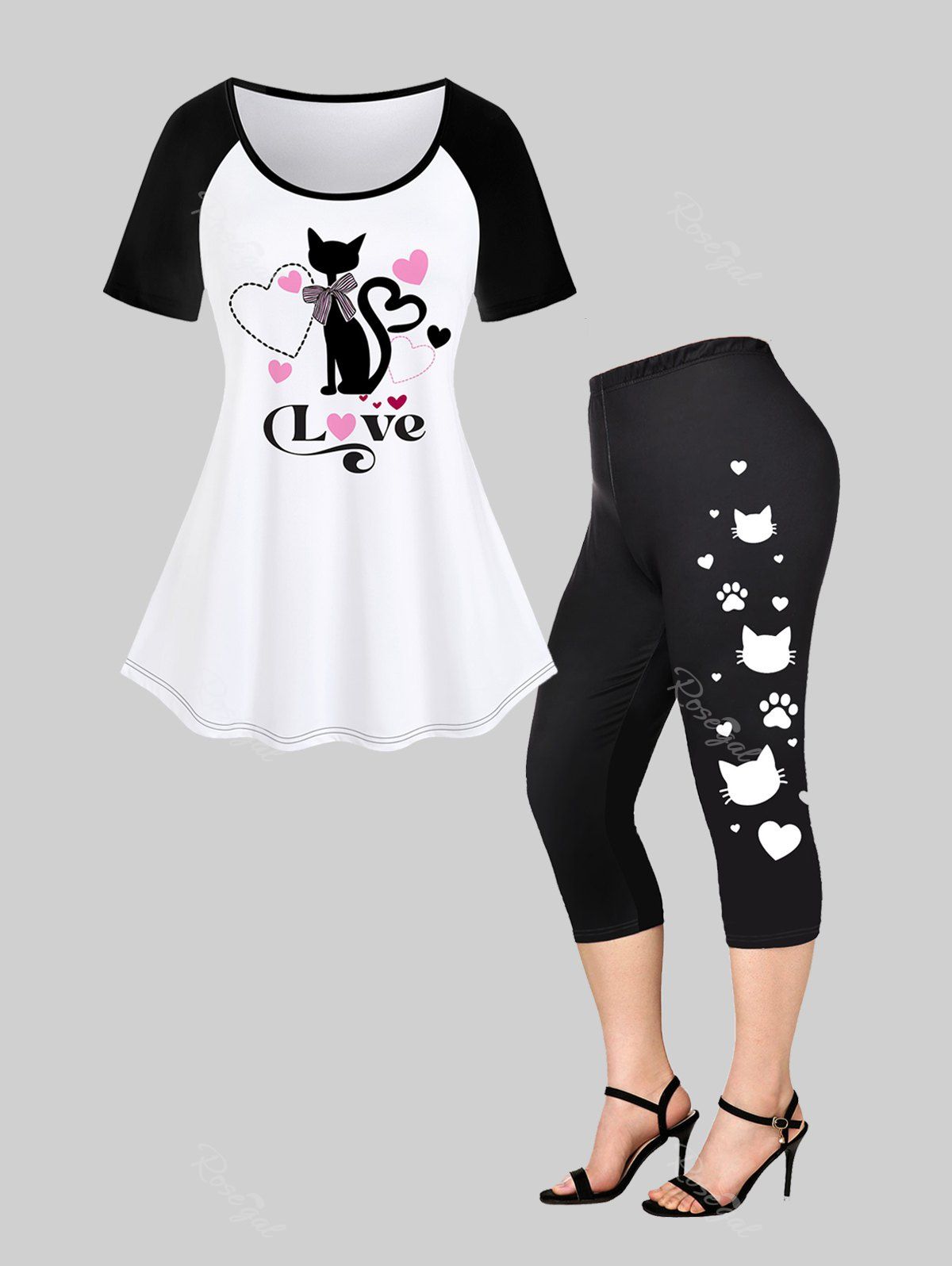 Unique Cat Love Heart Raglan Sleeves Graphic Tee and Leggings Plus Size Summer Outfit  