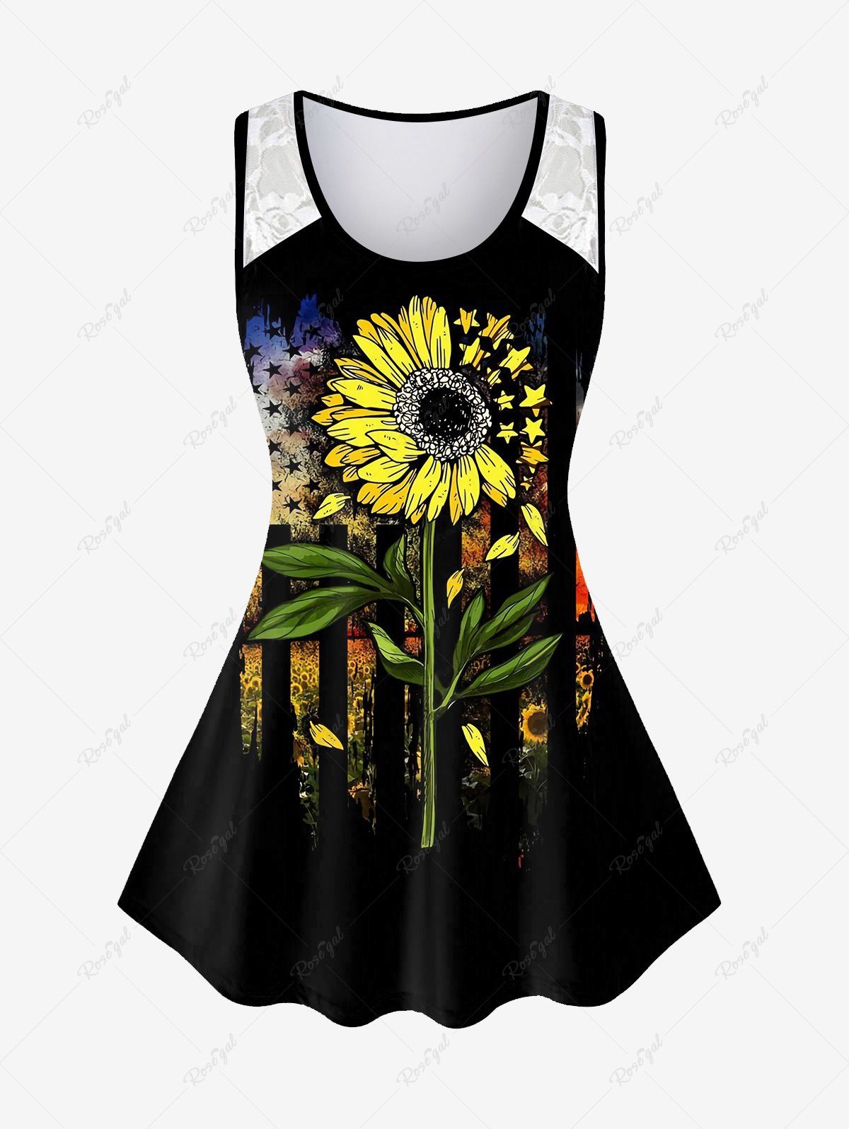 Chic Plus Size Patriotic Sunflower American Flag Lace Panel Tank Top  