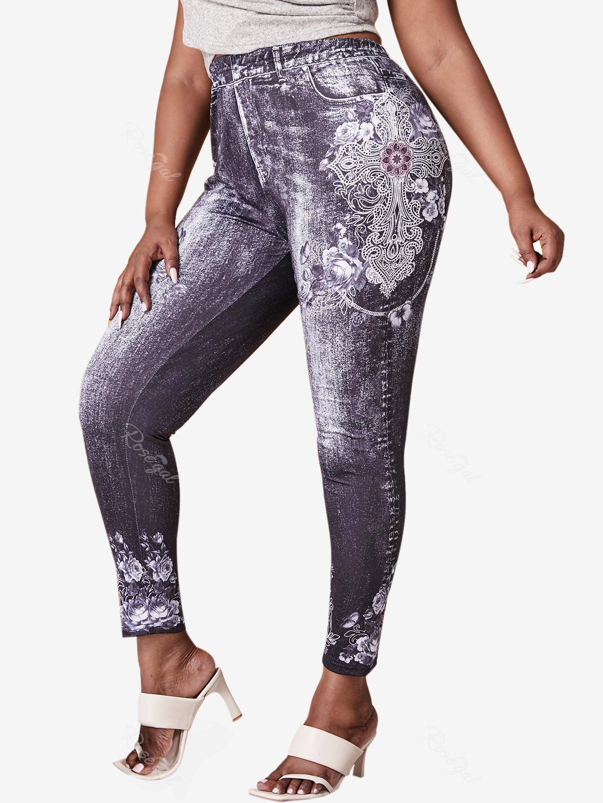 Shop Plus Size 3D Denim Print Floral Print Ninth Jeggings  