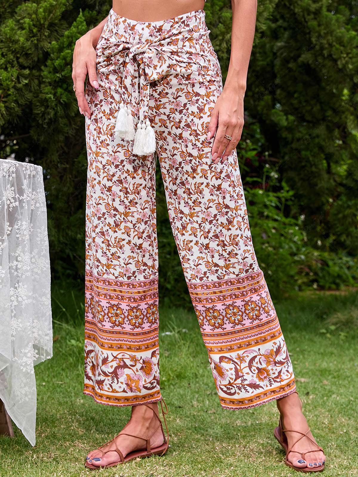 Buy Bohemian Flower Allover Print Tassel Self Belt Wide Leg Pants  