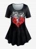 Ensemble de T-shirt Gothique à Imprimé Crâne Cœur et Pantalon à Taille Haute Panneau en Dentelle de Grande Taille - Noir 