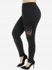 Ensemble de T-shirt Gothique à Imprimé Crâne Cœur et Pantalon à Taille Haute Panneau en Dentelle de Grande Taille - Noir 