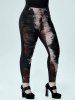 Ensemble de Crop Top Gothique avec Œillet Ouvert à Dos et Pantalon Déchiré Teinté Grande Taille - Noir 