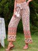 Bohemian Flower Allover Print Tassel Self Belt Wide Leg Pants -  