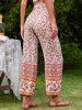 Bohemian Flower Allover Print Tassel Self Belt Wide Leg Pants -  