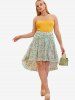 Plus Size Floral Print Ruched High Low Skirt -  