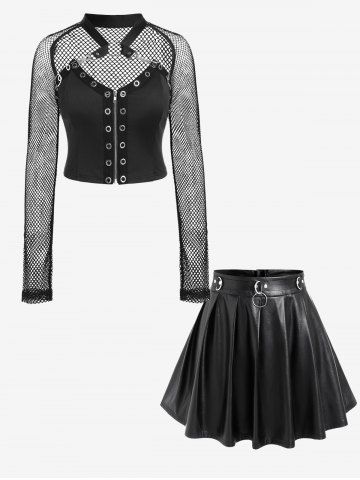 Sheer Fishnet Cutout Grommets Ring Zip Front Crop Top And D-rings Faux Leather Pleated Mini Skirt Gothic Outfit - BLACK