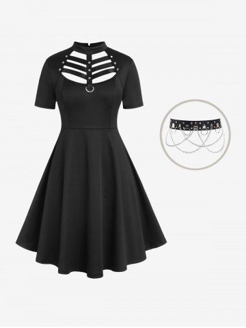 D-ring PU Leather Panel Ladder Cutout Dress And Punk Layered Cross Faux Leather Rings Belt Waist Chain Gothic Outfit