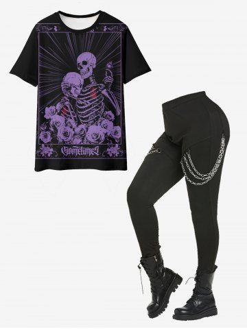 Ensemble de T-shirt Rose Graphique et de Pantalon Moulant Embelli de Chaîne - BLACK