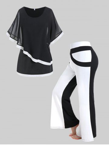 Contrast Trim Mesh Overlay Tee and Colorblock Bell Bottom Pants Plus Size Summer Outfit - BLACK