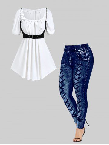 Chain Buckle Corset and Solid Tee Set and High Waisted 3D Printed Leggings Plus Size Summer Outfit - WHITE