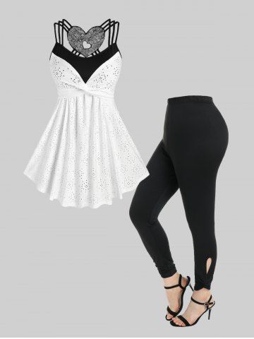Twist Broderie Anglaise Heart Lace Tank Top and Leggings Plus Size Summer outfit - WHITE