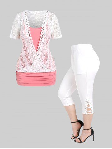 Lace Panel Two Tone 2 in 1 Tunic Top and Pockets Capri Leggings Plus Size Summer Outfit - LIGHT PINK