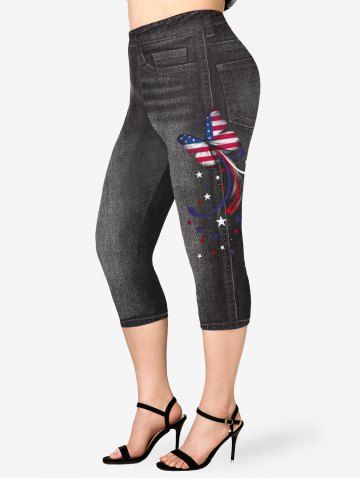 Plus Size Patriotic 3D Jeans Butterfly American Flag Printed Capri Jeggings - BLACK - L | US 12