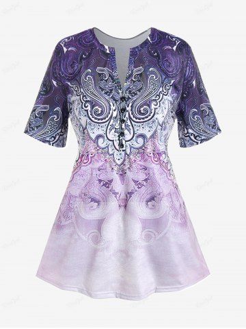 Plus Size Paisley Printed V Notched Tee - PURPLE - M