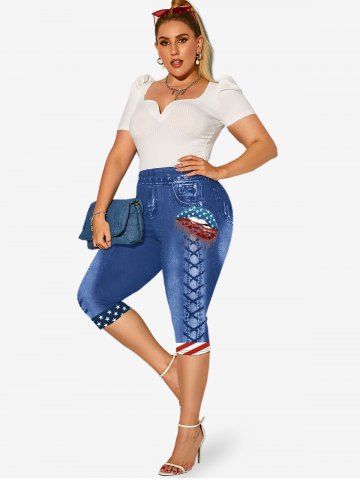 Plus Size American Flag Lip 3D Print Capri Jeggings