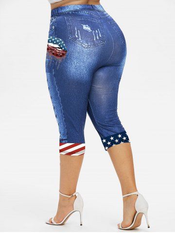 Plus Size American Flag Lip 3D Print Capri Jeggings
