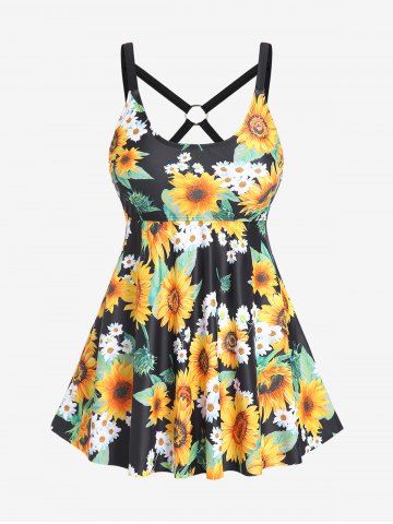 Plus Size Sunflower Daisy Printed O-ring Padded Tankini Top Swimsuit - YELLOW - M | US 10