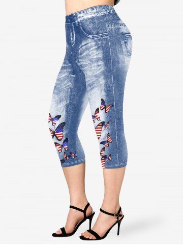 Plus Size Patriotic 3D Jeans Butterfly American Flag Capri Jeggings - BLUE - S | US 8