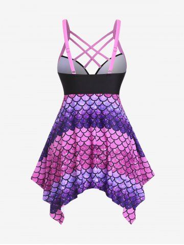 Plus Size Fish Scale Strappy Padded Handkerchief Boyleg Tankini