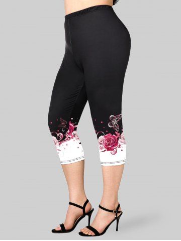 Plus Size Two Tone Rose Butterfly Printed Capri Leggings - LIGHT PINK - M | US 10