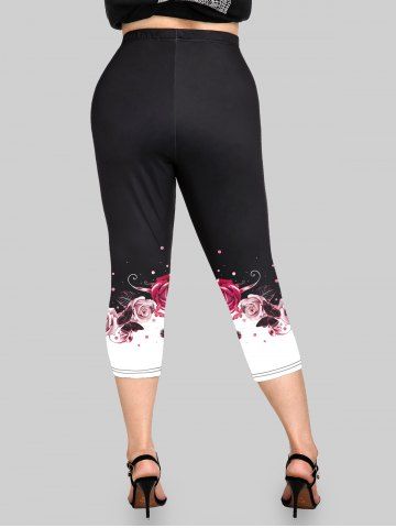 Plus Size Two Tone Rose Butterfly Printed Capri Leggings