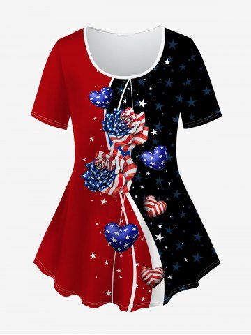 Plus Size 3D Flower American Flag Heart Printed Patriotic Tee - DEEP RED - 1X | US 14-16