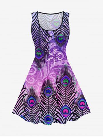Plus Size Peacock Feather Printed KneeLength Tank Dress