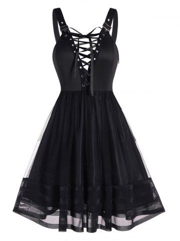 Lace Up Mesh Overlay Buckle Strap A Line Dress - BLACK - XL