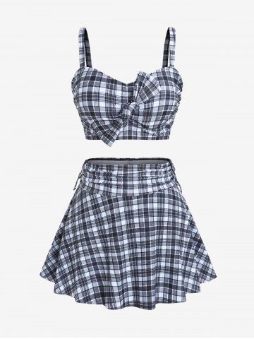 Plus Size Plaid Cinched Bowknot Padded Longline Bikini Three Piece Swimsuit - BLACK - 1X | US 14-16