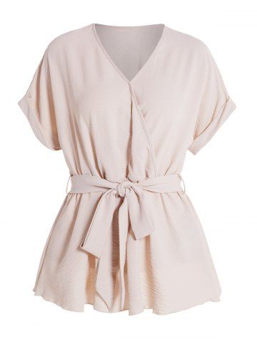 Plain Color Surplice Plunging Neck Elastic High Waisted Belted Short Sleeve Casual Blouse - LIGHT YELLOW - L