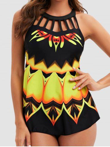 Modest Printed Ladder Cut Out Padded Round Neck Tankini Swimsuit - BLACK - M