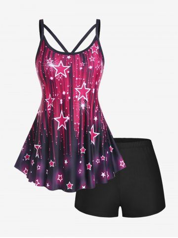 Plus Size 3D Sparkles Stars Printed Padded Boyleg Tankini Swimsuit - DEEP RED - 3X | US 22-24