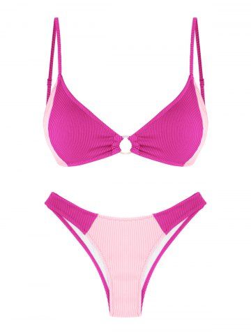 Textured Rib Two Tone O-ring Cheeky Bikini Swimwear - LIGHT PINK - L