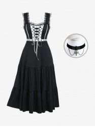 Ensemble de Robe Maxi à Encolure en Cœur à Lacets et Collier Ras Du Cou avec Pendentif Croix Rose - Noir 