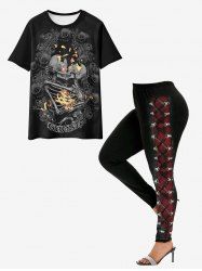 Ensemble de Legging Gothique à Imprimé 3D et T-shirt à Imprimé Squelette et Rose Fleur - Noir 