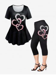 Ensemble d'Eté avec T-shirt à Imprimé Cœur et Legging Grande Taille Pour La Saint Valentin - Noir 