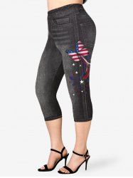 Plus Size Patriotic 3D Jeans Butterfly American Flag Printed Capri Jeggings -  