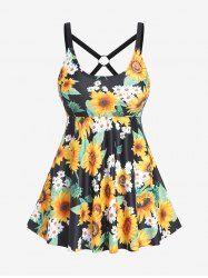 Plus Size Sunflower Daisy Printed O-ring Padded Tankini Top Swimsuit - Jaune L | US 12