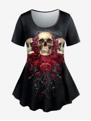 Gothic Skull Rose Print T-shirt -  